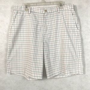 Izod Perform X Gold Flat Front Mens Shorts Size 38 White Orange Gray Plaid